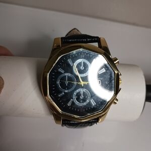 Men's Genoa black  faced watch, gold trim black leather band, new